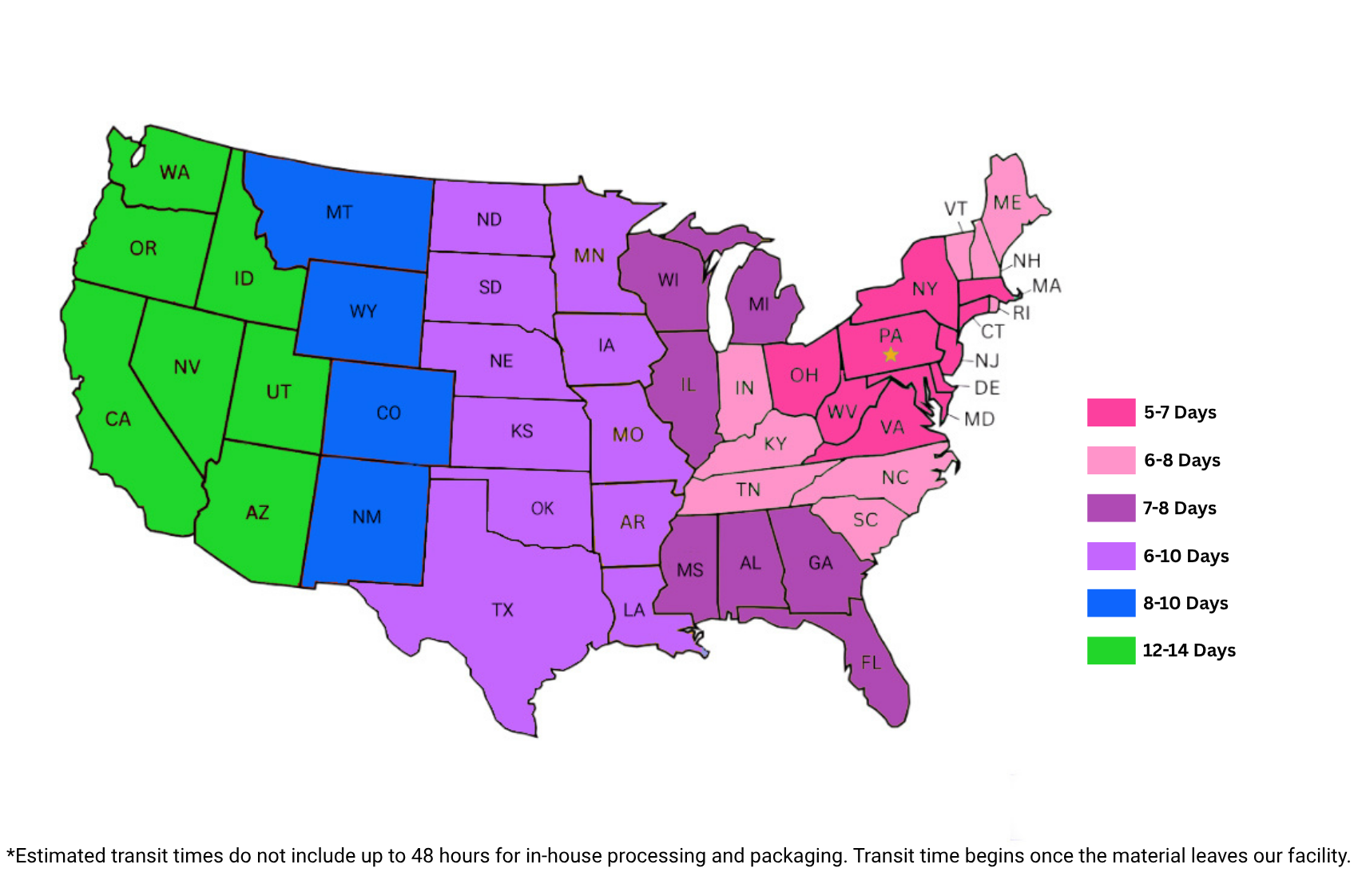 Estimated delivery times across the contiguous United States